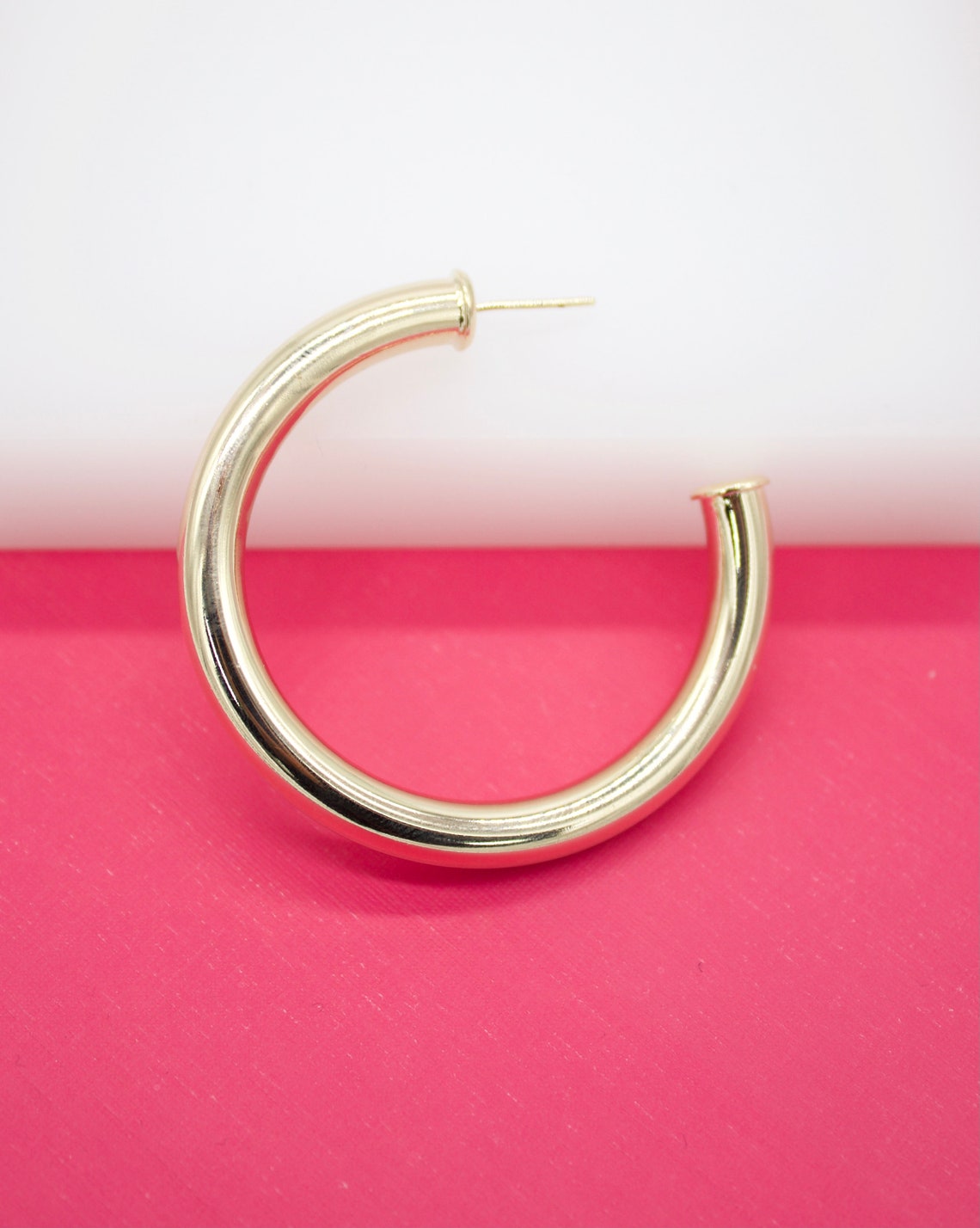 18K Gold Filled 5mm Thick Open Hoop Stud Hoops Earrings (J61)
